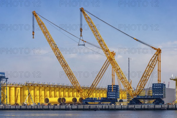 SIF Offshore Foundations, production of monopiles for offshore wind turbines. Foundations for wind turbines. Plant in the seaport of Rotterdam, Zuid-Holland, Netherlands
