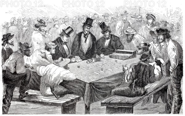 Men gambling with cards at a gaming table, 1870, England, digitally enhanced reproduction from a 19th century original, historical, exact date unknown