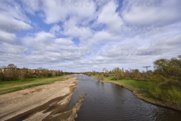 Old Elbe, oxbow, river, riverbank, trees, meadow, blue sky, cumulus clouds, Magdeburg, state capital, independent city, Saxony-Anhalt, Germany