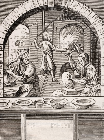Cymbal maker. Reproduction of a woodcut from the 16th century by Jost Amman from the 19th century, digital reproduction of a historical model