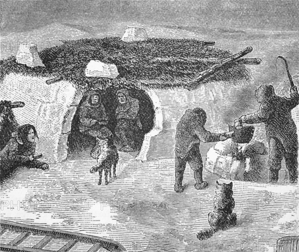 Building and Eskimo, Innuit, hut during the spring snowmelt, around 1870, Canada, digital reproduction of a historical model