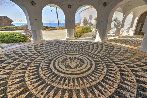 An artistically designed mosaic floor in a round room with a view, Kalithea, Kallithea, thermal baths, spa, Rhodes, Dodecanese, Greek Islands, Greece