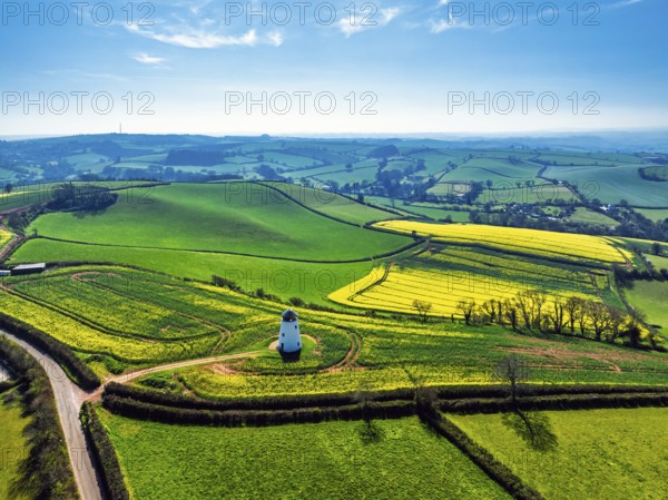 Rapeseed fields and Farms over Devon Windmill from a drone, Torquay, Devon, England, United Kingdom