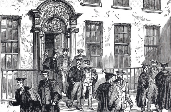 University of Durham in 1880, Durham University, the Bishop Cosin's Hall, Students coming from the lecture, University in the city of the same name in the North East of England, Historical, digitally restored reproduction from a 19th century original, Record date not stated