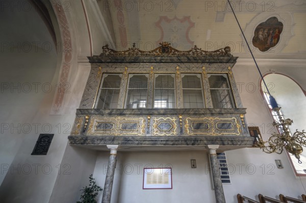 Glazed gallery in St John's Church, remodelled in Baroque style in 1750, Engeltahl, Middle Franconia, Bavaria, Germany