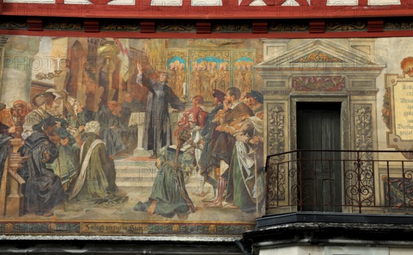House facade with facade painting in the old town, Stein am Rhein, Canton Schaffhausen, Switzerland