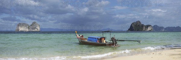 Longtail boat on the beach, Koh Ngai Island, Andaman Sea, Satun Province, Southern Thailand, Thailand