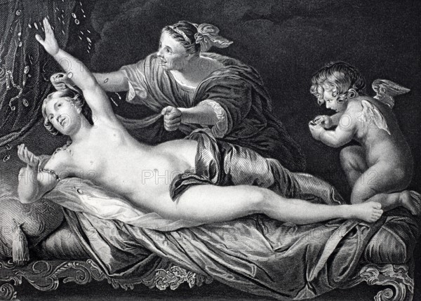 Danae, in Greek mythology the daughter of Acrisius, lover of Zeus and through him mother of the hero Perseus, steel engraving after a painting by Van Dyck, around 1650, Historic, digitally restored reproduction of a 19th century model, Baroque scene with a reclining naked woman, a helper and a small angel, surrounded by fabrics