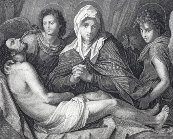 The Entombment of Christ, pictorial type of Western Christian iconography. Steel engraving after a painting by Andrea del Sarto, historical, digitally restored reproduction of a 19th century original