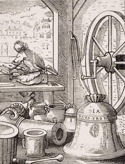 Bell and canon founder. Reproduction of a woodcut from the 16th century by Jost Amman from the 19th century, digital reproduction of a historical model