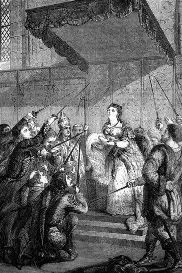 Empress Maria Theresa, the only ruler of the Habsburg lands, asks the Hungarian Diet (parliament) for support during the War of the Austrian Succession in 1741, the year after her accession to the throne following the death of her father, Emperor Charles VI, Austria, digital reproduction of a historical model