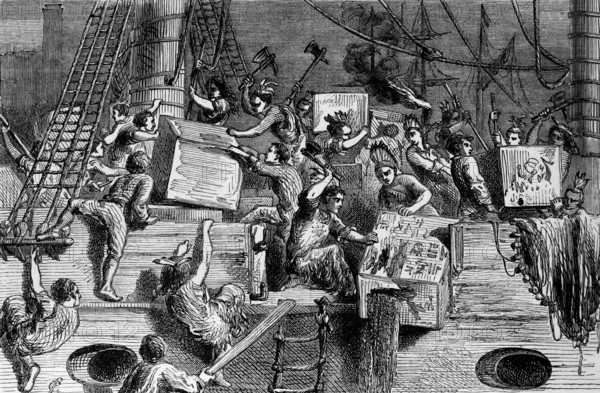 The Boston Tea Party was a political protest by the Sons of Liberty in Boston, in the British colony of Massachusetts, against the British government and the East India Company, which controlled all the tea imported into the colonies, 16 December 1773, a group of colonists boarded the ships and destroyed the tea by throwing it into Boston Harbor, digital reproduction of a historical original