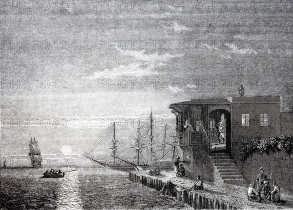 Turkish coffee house at the harbour of Rhodes in the evening, in 1870, Greece, digitally enhanced reproduction from a 19th century original, historical, exact date unknown
