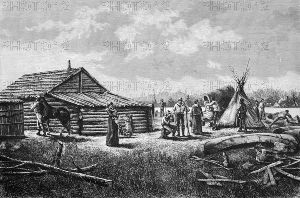 Northwest trading post, settlement, immigrants, wooden house, yurt tent, settlers, men, woman, children, horse, covered wagon, daily life, North America, historical illustration 1888