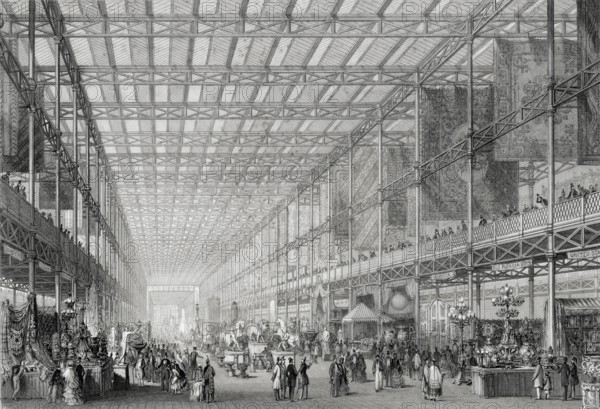 Interior view of the Great Exhibition of the Works of Industry of All Nations in Hyde Park, London, England, 1851. From the Cyclopaedia of Useful Arts and Manufactures by Charles Tomlinson, digital reproduction of a historical model