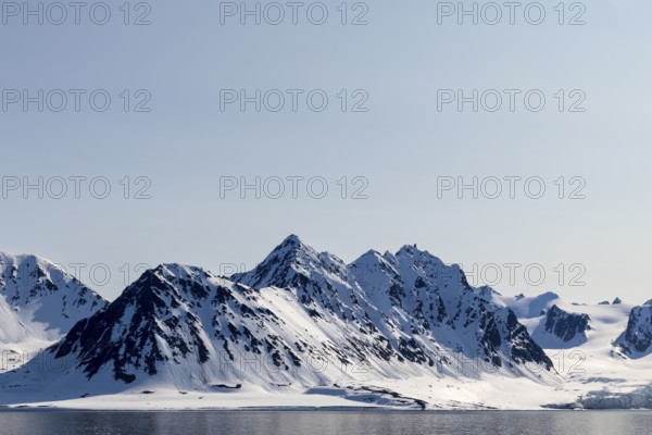 Mountain tops, snow, sea, Smeerenburg, Spitsbergen, Svalbard