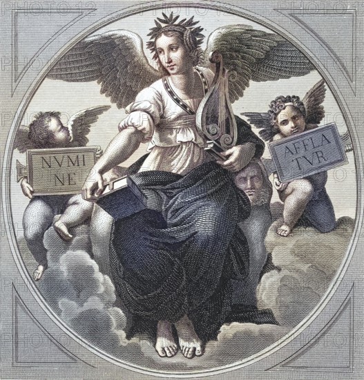 Symbolism of poetry, An angel sitting on clouds, holding a harp and a book, accompanied by two putti, after a painting by Raphael, Vatican, Rome, Italy, digitally restored reproduction of an old original, historical, exact date unknown