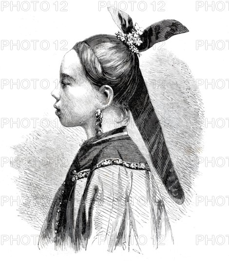 Young woman from China in elegant traditional costume, Chinese woman, around 1875, digitally enhanced reproduction from a 19th century model, historical, exact date unknown