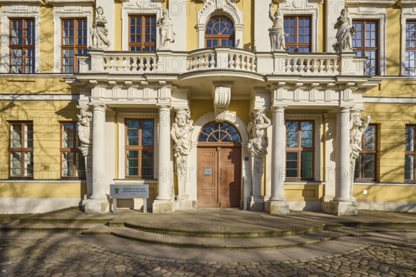 Ministry of Justice, Knautsches Palais, historical building, Baroque architectural style, facade, window, entrance area, door, staircase, evening light, Cathedral Square, Magdeburg, state capital, independent city, Saxony-Anhalt, Germany