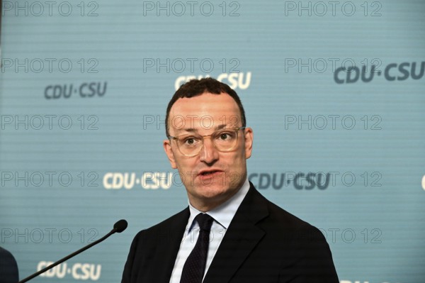 The Chairman of the CDU/CSU parliamentary group, Jens Spahn (CDU), and his deputy Alexander Hoffmann (CSU) at the weekly press statement in front of the parliamentary group meeting room in the Reichstag. This time it was about the expert opinion on the purchase of masks, among other things