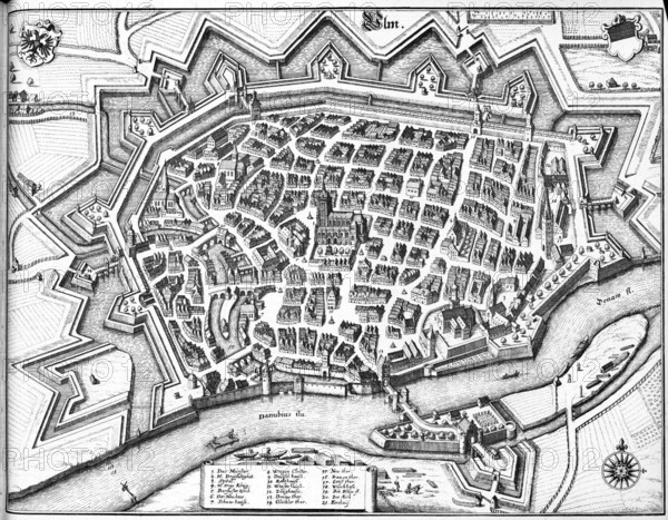 The city of Ulm in 1650, Baden-Württemberg, Germany, Historical, digitally restored reproduction from a 19th century original, Record date not stated