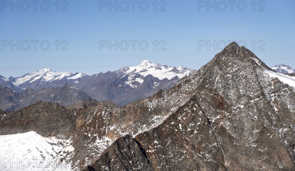 Wilder Pfaff summit, Wildspitze summit behind, view from the Wilder Freiger, Stubai Alps, South Tyrol, Italy