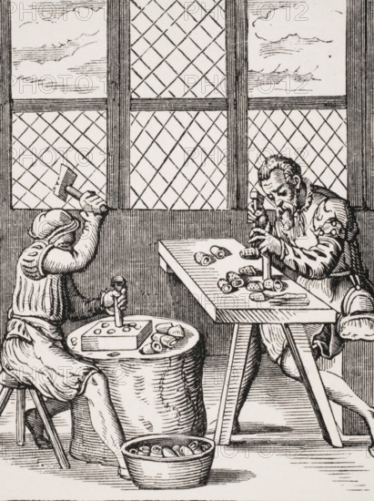 Dice maker. Reproduction of a woodcut from the 16th century by Jost Amman from the 19th century, digital reproduction of a historical model