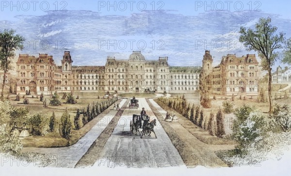 Vassar College, Poughkeepsie, New York, 1870s, America, digital reproduction from American Pictures, drawn with pen and pencil, coloured, by Samuel Manning, published circa 1880, Historical