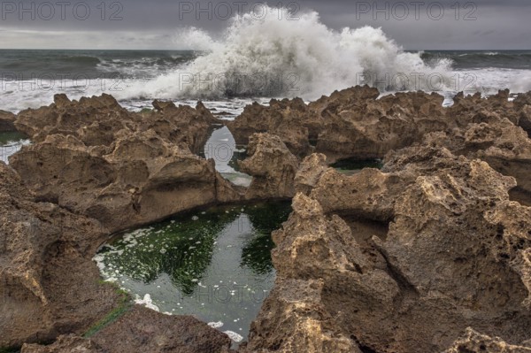 A rocky area with a hole in the ground. The hole is filled with water. The water is brown in colour. Rabat, Morocco