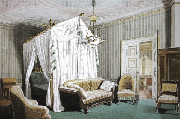Bedroom of Queen Victoria in Ehrenburg Castle, 1860, Coburg, Upper Franconia, Bavaria, Germany, Historical, digitally restored reproduction from a 19th century original, Record date not stated