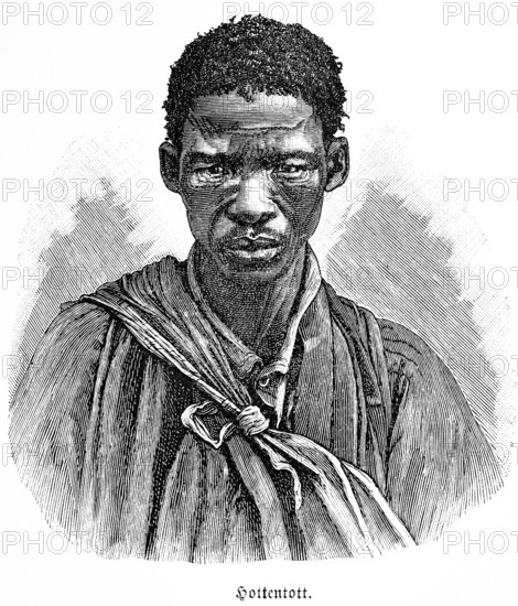 Hottentot, historical term, portrait of an African, middle-aged man, indigenous ethnicity, term today racist and derogatory, face, short frizzy hair, scarf, jacket, racism, discrimination, term of the colonial era, sad serious look, historical illustration 1896