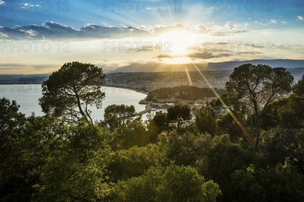 Panorama, Sunset, View from Mont Boron, Nice, Alpes Maritimes, Provence Alpes Cote d'Azur, French Riviera, South of France, France
