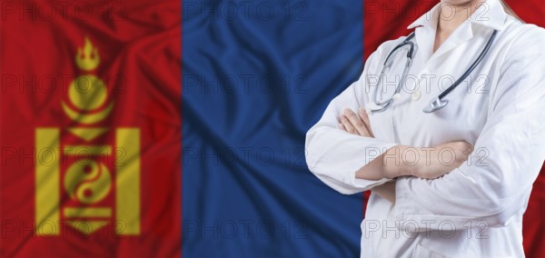 Doctor with crossed arms on Mongolia flag. Mongolia health and care concept. Female doctor on Mongolia flag