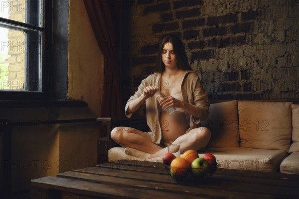 A pregnant woman sits comfortably on a sofa in her home, enjoying a moment of calm. She is focused on opening a bottle with water