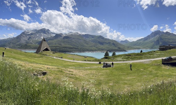 Panoramic view from plateau above Lanslebourg-Mont-Cenis to reservoir Lac du Mont Cenis left Museum Musée du Mont Cenis at pass road to pass Alpine pass mountain pass Col du Mont Cenis Colle del Moncenisio, Mont Cenis massif, Massif du Mont-Cenis, Graian Alps, Lanslebourg, Rhone-Alpes, France