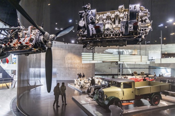 The Mercedes-Benz Museum in Stuttgart presents a journey through the automotive history of the global corporation. The history of the Mercedes star begins with the first automobile in 1886. 160 vehicles are on display. Stuttgart, Baden-Württemberg, Germany
