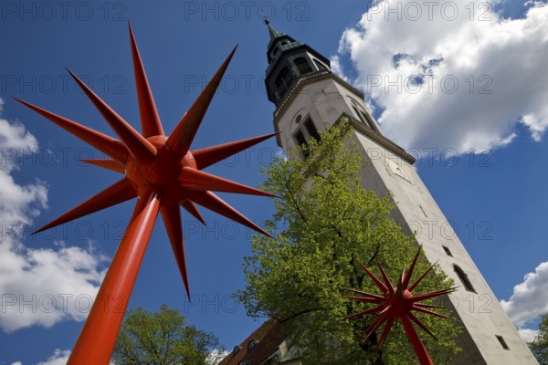Artwork by Otto Piene entitled Fireworks for Celle in front of the tower of the town church in the historic city centre, Lower Saxony, Germany