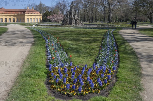 Planted spring beds in the palace park, behind the Huguenot fountain from 1706, Erlangen, Middle Franconia, Bavaria, Germany