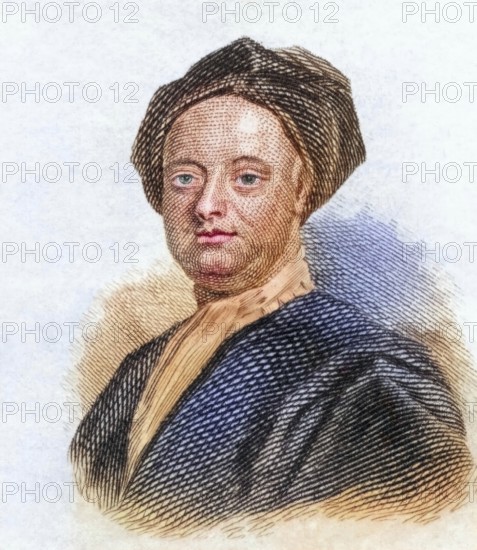 George Vertue FSA, (b. 1684, d. 24 July 1756) was an English engraver and antiquary whose notebooks on British art of the first half of the 18th century are a valuable source for this period, coloured woodcut from Crabbe's Historical Dictionary from 1825, Historical, digital reproduction