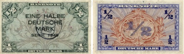 Banknote, banknote, 50 Pfennig note, half German Mark, 1948, Bank of German States, Germany, reproduction of a historical banknote