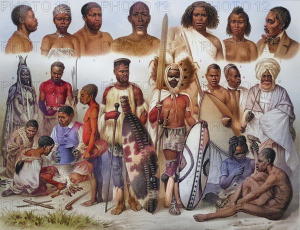 African ethnic types: 1. Ashanti, 2. Loangoneger, 3. Cameroon, 4. Baluba, 5. Somali, 6. Abyssinian, 7. Howa, 8. Herero woman, 9. Ovambo, 10. Akka, 11. Zulu, 12. Maasai, 13. Wagranda from Uganda, 14. Darfur Negro, 15. Haussaner, 16. Bushman, 17. Bushman woman, 18. Namaqua, 19. Niaminiam, 20. Dinka, coloured wood engraving, reproduction of an original from ca 1888, historical, various tribesmen in traditional dress with weapons and shields
