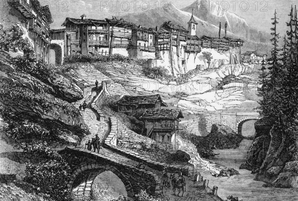 The village of Flumet, Savoy in the French Alps, France, around 1820, digital reproduction of a historical model
