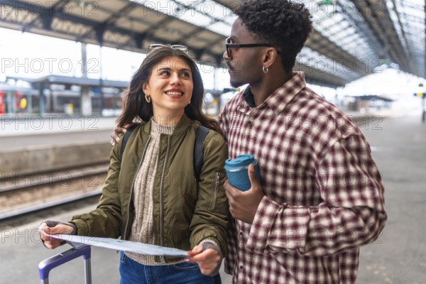 Happy couple consulting a map on a train station platform, ready to start their journey