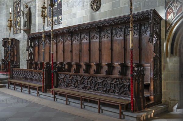Choir stalls in Überlingen Minster, St Nicholas, built in 1350 and 1576 in the late Gothic style, Überlingen, Baden-Württemberg, Germany
