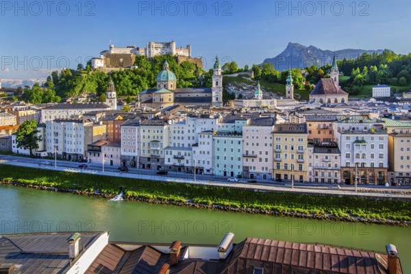 Panoramic view from the Kapuzinerberg over the Salzach to the old town with the Hohensalzburg Fortress to the Untersberg 1973m, Salzburg, Salzachtal, Salzburg County, Austria