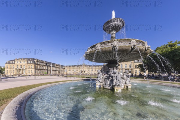 Schlossplatz Stuttgart with New Palace and fountain with fountain bowl. Place of interest in Stuttgart, Baden-Württemberg, Germany