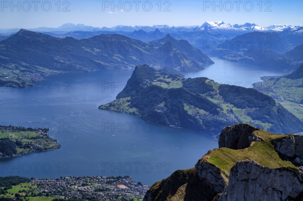 View from Pilatus Kulm mountain station to Stanser Horn, Alpnach, Lake Lucerne, Swiss mountain range, Alps, snow-covered, Canton Lucerne, Switzerland