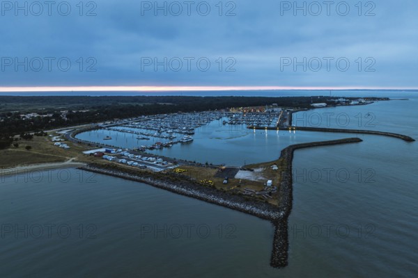 Sunset over Marina in Le Verdon-sur-Mer from a drone, Nouvelle-Aquitaine, Gironde, France, EuropeLe Verdon-sur-Mer, Nouvelle-Aquitaine, Gironde, France, Europe