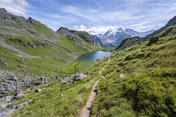 Hiking trail in a picturesque mountain landscape, view of the Lac du Louvie mountain lake and glaciated mountain peaks of the Grand Combine, Valais Alps, Val de Bagnes, Valais, Switzerland