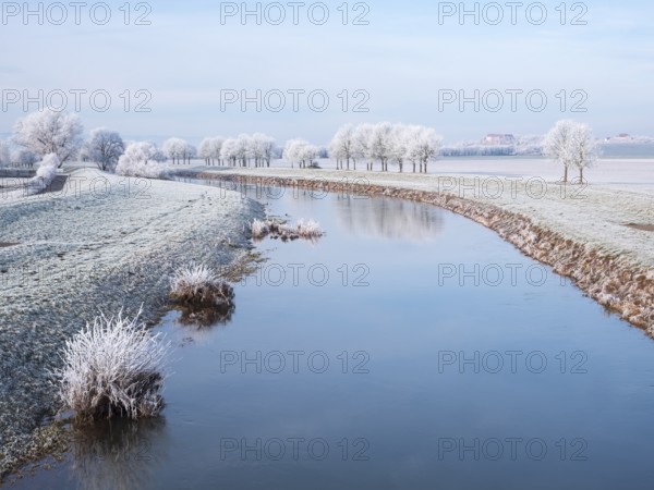 The river Unstrut in the Unstrut valley in winter, fields and trees covered with hoarfrost, behind Wendelstein Castle, Memleben, Saxony-Anhalt, Germany